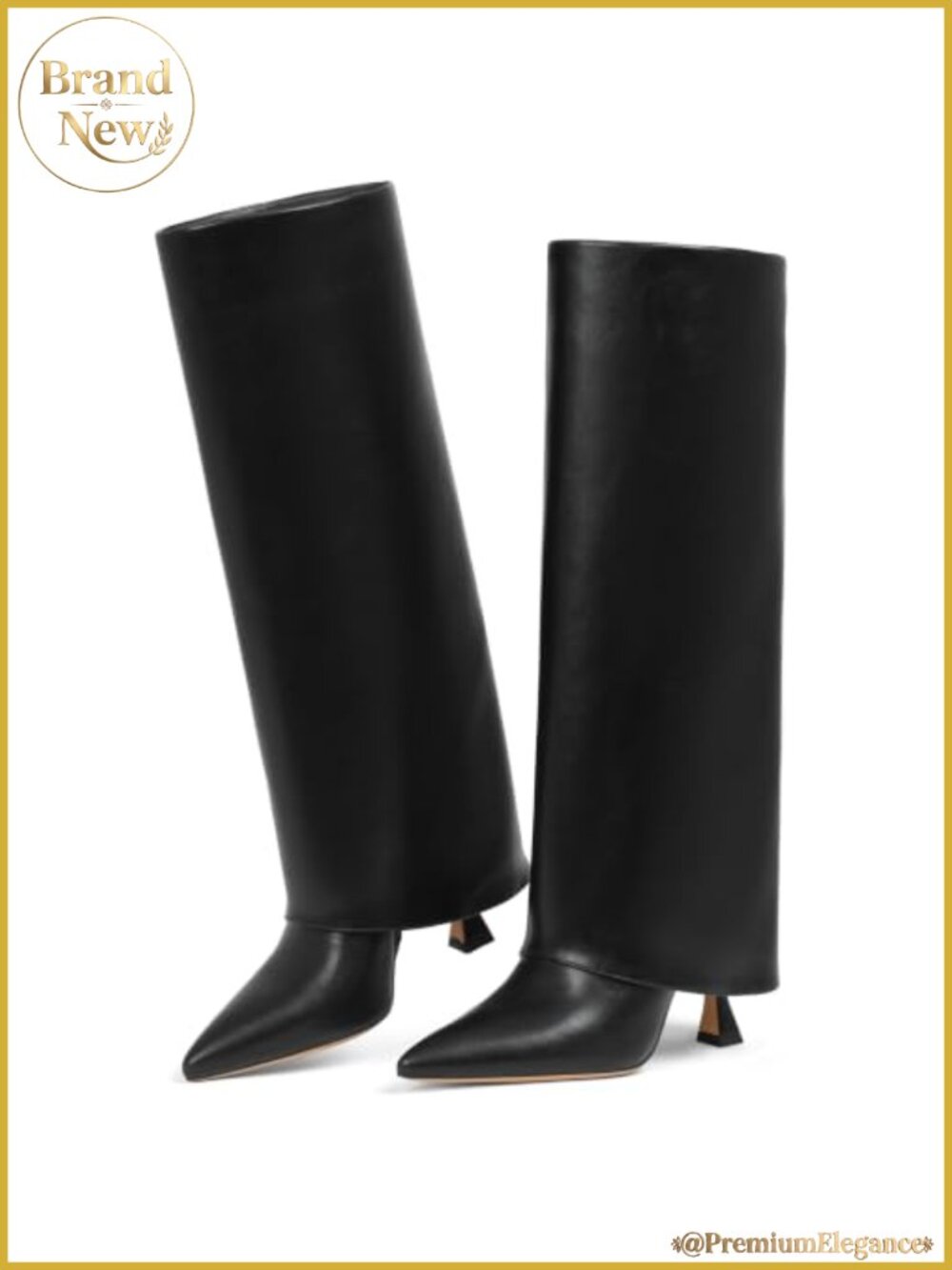 PU Leather Knee High Boots Pointed Toe Stiletto Heel Slouchy Shark Boots Side